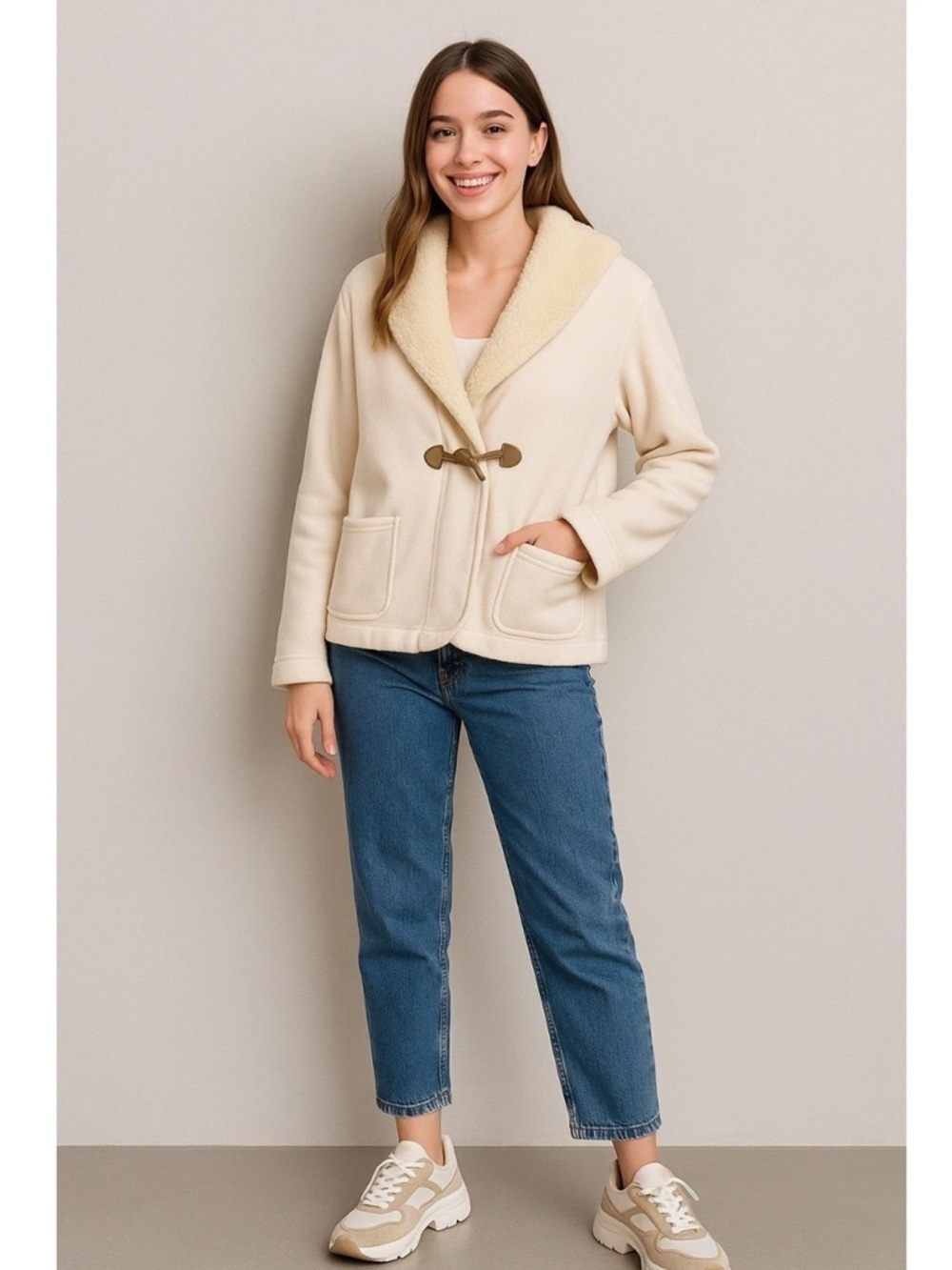 Lauren Ralph Lauren Cream Sherpa-Trim Toggle Sweater